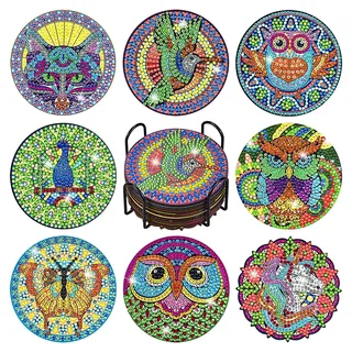 8 Stück Diamond Painting Untersetzer mit Halter, Diamond Painting Erwachsene, Wiederverwendbare DIY Vögel Tiere Tassenuntersetzer mit Diamanten und Montagewerkzeuge fur Tassen,Vasen, Kerzen Dekoratio