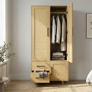 Kleiderschrank Aus Holz Mit Rattan-optik, Garderobenschrank 80x52x176 Cm Mit Kleiderstange Und 2 Schubladen, Mit Kippschutz, Skandinavischer Boho-stil, Eiche Hell