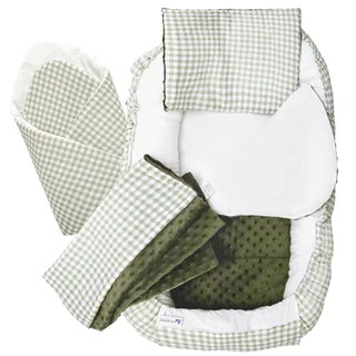 Medi Partners Babynest Nestchen Baby Set für Neugeborene - 100x60x15 Kuschelnest 5 teilig tragbar Nest zweiseitig Babynestchen Bett 100% Baumwolle (Kariert mit olivfarbenem Minky)