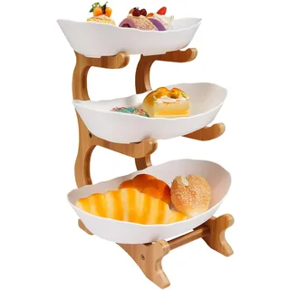 Fridgestea Obst Etagere 3-stöckig – Obstschale aus lebensmittelechtem PP mit Bambusständer, Yuanbao-Form, Obstständer für Snacks & Desserts, platzsparend 22,5x14x32cm, für Küche & Party