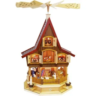 Richard Glässer GmbH Seiffen Richard Glaesser Pyramide Adventshaus bunt mit Heiliger Familie, elektrisch beleuchet und betrieben, aus Seiffen im Erzgebirge