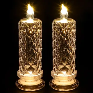 NUOBESTY 2er Set LED Flammenlose Kerzen, Kristall Optik Stumpenkerzen mit Rose Lichteffekt, Flackernde Elektrische Kerze Batteriebetrieben, Romantik Deko für Hochzeit Weihnachten Tisch