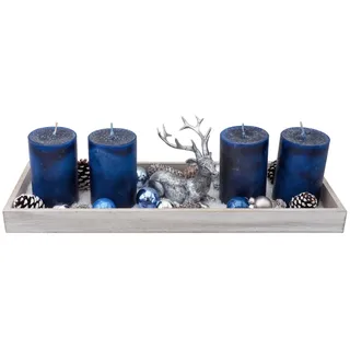 Adventsgesteck Weihnachten Deko Tablett Holz Grau Hirsch Silber Kerzen Blau 40cm
