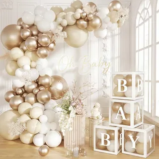 Babyparty Deko Neutral - 137pcs Champagner Gold Baby Shower Deko Junge Mädchen, 4pcs Ballon Boxen mit 8 Buchstaben(BABY), Luftballon Girlande Beige für Babyparty Gender Reveal Party Dekorationen