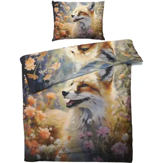 Generisch Bettwäsche 155x220 Fuchs - Blumen Tiere Bettbezug 2er Set, 110gsm Mikrofaser, Weiche & Kuschelige & Bügelfreie Wendebettwäsche, 1 Kopfkissenbezug 80x80, mit Reißverschluss &3920