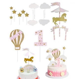 UYRVAPE 12pcs Tortendeko Rosegold, Happy Birthday Kuchendeko, Kuchendeko Geburtstag Mädchen, Wolken Sterne Karussell Cupcake Tortenstecker für Geburtstag Dekoration Junge Mädchen 1. Geburtstagsfeier