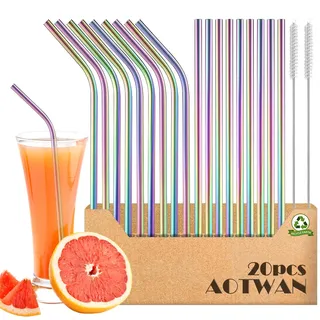 AOTWAN Edelstahl Trinkhalme Bunt Metall Strohhalm Wiederverwendbar - 20 Stück Enthalten: 9 Gerade + 9 Gebogen + 2 Reinigungsbürsten für Cocktails, Smoothies