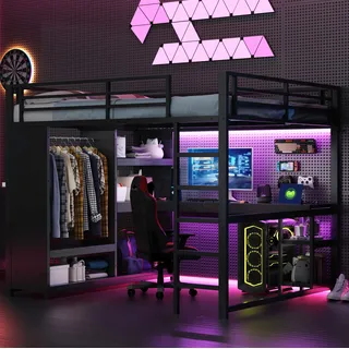 Hochbett Metall Schwarz 160x200 Cm Mit Led, Schreibtisch, Offenem Kleiderschrank Und Ablagefächern