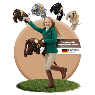Hobby Horse Steckenpferd – Handgefertigtes Stockpferd für Kinder 4–12 Jahre - Realistisches Hobby Horsing Pferd mit verstellbarem Gurt & Turnierschleife (Braun & Weiß)