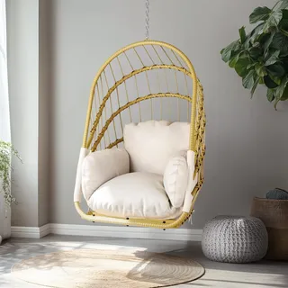 YITAHOME Hängesessel ohne Gestell, Rattan-Schaukelstuhl mit Waschbarem Kissen, 160 kg Tragkraft, Klappbarer Hängesessel für Terrasse, Garten, Schlafzimmer & Balkon, Beige