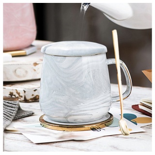 Caterize Tasse Porzellan Kaffeetasse Keramiktasse Marmor Teetasse mit Deckel & Löffel, Keramik grau