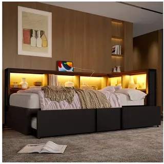 Odikalo Schlafsofa Schlafcouch 90x200 Metallbett mit LED und Stauraum weiss schwarz, Metall-Tagesbett, 90 x 200 cm, mit Ausziehbett, Stauschränken, LED-Beleuchtung und USB-Anschlüssen schwarz