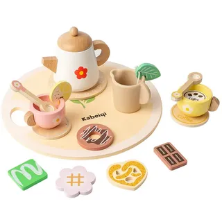 Esun Spielküche Tee Service Set Kinder Holz, Teeservice Kinderküche Spielküche Zubehör, Küchenspielzeug Teeset mit 2 Tassen, Pädagogisches bunt
