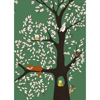 rasch Tapete 557763 - Fototapete für das Kinderzimmer mit Bäumen und Waldtieren auf grünem Hintergrund - Onszelf Stories - 280cm x 200m (LxB)