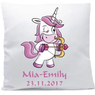 personalisiertes Kissen mit Namen und Wunschtext ★ Sternzeichen ★ Einhorn pink ★ 40x40 cm inkl. Füllung ★(Schütze, Vorderseite + RS weiß glänzende Oberfläche)