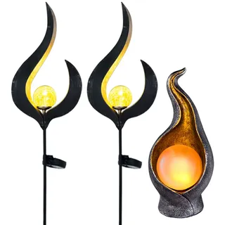 3er Set LED Solar Außen Leuchten bronze Garten Steckleuchte Dekolampe Flamme mit Kugel Solarlampe Gartendekoration Balkonleuchten