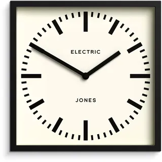 JONES CLOCKS® Box Railway Wanduhr | Quadratische stationsuhr | 25 cm | Schwarz | Cooler Designer-Look für küche, Wohnzimmer oder büro