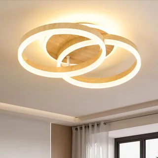 Amdelne LED Deckenlampe Wohnzimmer 50cm 2-Ringe Design, 36W Deckenleuchte Moderne mit Fernbedienung Dimmbar, aus Acryl, Mit Nachtlicht Memory-Funktion, für Schlafzimmer, Esszimmer, Büro, Holzoptik
