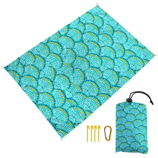 Surwin Stranddecke Sandfrei Wasserdicht Stranddecke XXL Strandmatte Faltbar Ultraleicht und Tragbar Picknickdecke mit Tragetasche & 4 Heringen für Strand Camping, Fischschuppen (Muscheln,140x200cm)