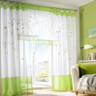 SIMPVALE Vorhänge mit Blumen Muster, Schlaufenschal 2er Set, Stickerei Voile Vorhang Transparent, Stores Gardine für Wohnzimmer, Balkon Schlafzimmer, Weiß mit Grün, Breite 140 Höhe 245 pro Stück
