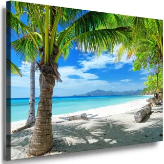 Julia-Art Leinwandbilder Landschaft Bild 120 x 80 x 2 cm - Wandbild 1 teilig - Wand Deko Modern Design Kunstdruck Palmen Strand Meer HR77-6