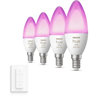 Philips Hue Vorteilspaket - E14 - mit 4 Kerzen LED Lampen - Weißes und Farbiges Licht - inkl. 1 Hue Dimmschalter - Hue White and Color Ambiance