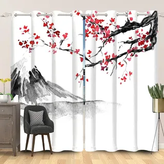 SDOTPMT 53x160cm Japanisch Tuschemalerei Fenstervorhang Rot Kirsche Blüte Berg Fenstervorhänge Orientalisch Traditionell Blickdichte Vorhänge für Wohnzimmer Verdunkelung Vorhänge, 2 Stücke