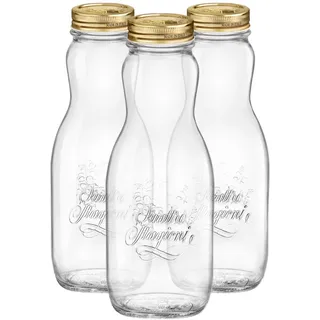 Bormioli Rocco 3X 1L Quattro Stagioni Saftflaschen aus Glas mit Schraubdeckel - Klar Wiederverwendbar Wasser Smoothie Milch Getränk Kühlschrank Lagerbehälter
