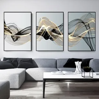 FSLEOVN 3er Set Schwarz Weiß Grau Blau Leinwandbilder Abstrakt Line Art Bilder Moderne Minimalistische Wohnzimmer Kunst Linie Wandposter Schwarz Weiß Bilder Ohne Rahmen (C,40x60cm)