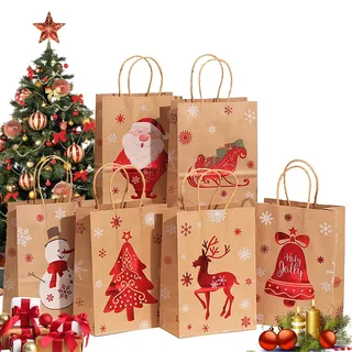 24 Stück Geschenktüten Weihnachten, Weihnachtstüten mit Griff (21x15x8cm) | Weihnachtstaschen Kraftpapiertüten Geschenktasche Papiertüten zum Weihnachten Partys, Giveaways, Kindergeburtstag, Geschenken