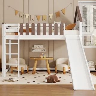 FAYICIC Hochbett,90x200cm,Mit Dach und Fenster, Mit dreistufiger gerader Leiter, Jugendbett, Kinderbett mit Rutsche, Kiefer+MDF, Weiß+Walnuss