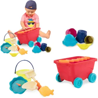 B. toys Sandspielzeug 11 Teile mit Bollerwagen Rot – Sandkasten Spielzeug, Strand, Spielplatz mit Eimer, Schaufel, Sandförmchen – Spielzeug ab 18 Monaten