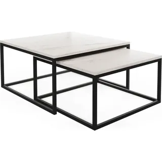 WFL GROUP Rechteckige Quadratische Satztische Couchtische mit Schwarz Gestell - Loft Style Couchtische Metallbeine - 2 in 1 - Zwei Industrielle Getrennte Tische für Wohnzimmer - Weiß Marmor