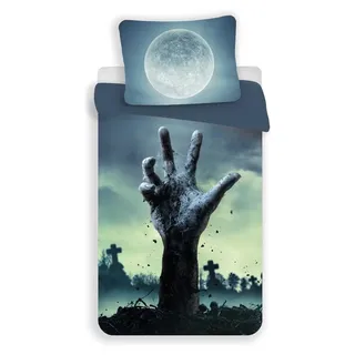 Halloween Moon Zombie Bettwäsche 140x200cm, 70x90 cm Mikrofaser - Blau/Schwarz
