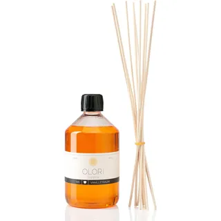 Raumduft Nachfüll-Set „Vanille“ 500ml inkl. 10 Rattan-Stäbchen - Duftöl mit ätherischen Ölen - Nachfüller langanhaltend, weich, sinnlich, pudrig & süß - Nachfüllflasche mit Duftstäbchen 100% Natürlich