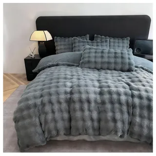 wohnTRAUM24 Bettwäsche Winter Plüsch Bettwäsche 135x200 aus Flauschig Kaninchenfellimitat, Microfaser, Biber Bettbezug mit Reißverschluss, Cashmere-Touch, kuschelig & weich grau