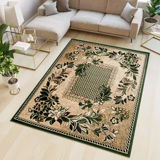 TAPISO Atlas Teppich Kurzflor Blumen Floral Bordüre Grün Beige Schlafzimmer Wohnzimmer Vintage Modern ÖKOTEX 160 x 220 cm