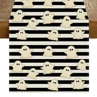 RABUSOFA Halloween Tischläufer 40x140cm Schwarz-Weiß Streifen Geister | Halloween Dekor Für Zuhause Küche Wohnzimmer Feierpartys Robuster Stoff Leicht Abwaschbar Schützt Tischoberflächen
