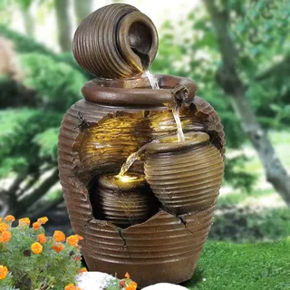 Gartenbrunnen Brunnen Zierbrunnen Zimmerbrunnen Springbrunnen Brunnen 4-Amphoren mit LED-Licht 230V Wasserfall Wasserspiel für Garten, Gartenteich, Terrasse, Teich, Balkon Sehr Dekorativ