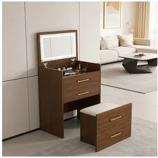 stilvora Schminktisch mit offenem Spiegel Kosmetiktisch-Set mit Bequemes Sitzen 3 Schubladen (Eck-Schminktisch mit Schminktisch, Nachttisch und Stuhl, mit transparenten Glasplatte), Einfache Montage braun