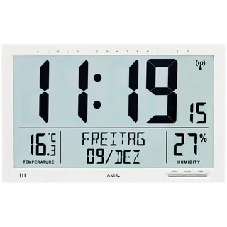 Weiß und schlicht: AMS 5887 digitale Wanduhr / Tisch-Uhr mit Wecker, Datumsanzeige und Thermometer, Funkuhr