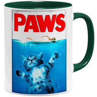 OM3® PAWS Cat Katzen Tasse | Keramik Becher | 11oz 325ml | Beidseitig Bedruckt | Grün