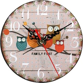 Eosnow 1 Stück Antike Kreative Vintage Eule Muster Runde Holz Wanduhr Home Office Dekoration 7