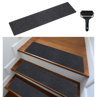 cocofy Treppenstufen Matten modern 15er Set, 75x20 cm groß Filz selbstklebend Stufenmatten innen 15 Stück Teppich Treppenstufen Treppenteppich selbstklebend Stufenteppich dunkelgrau anthrazit