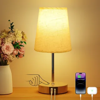 Suright Nachttischlampe Touch Dimmbar, Tischlampe mit USB A+C Ladeanschlüssen, Leinen-Lampenschirm, Holzsockel, Kleine Lampe für Schlafzimmer Wohnzimmer (LED-Birne Inklusive)
