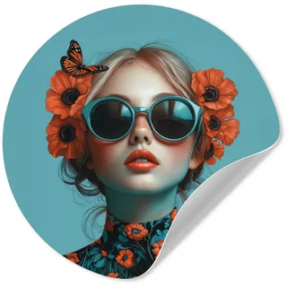 MuchoWow Wandsticker Frau - Blau - Schmetterling - Floral - Ästhetisch (1 St), Tapetensticker Selbstklebend, Wandbild Wohnzimmer, 80x80 cm blau 80 cm x 80 cm x 0.1 cm