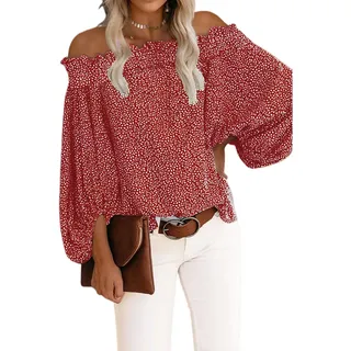 Damen Langarm Bluse schulterfrei Top Shirt Oberteile schulterfrei T-Shirt Pullover lässig langärmelig Bluse Tunika Tops schulterfrei Blusen sexy Oberteile Chiffon Laternenärmel lässiges T-Shirt - L