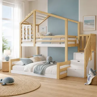 Etagenbett Hausbett 90x200/140x200 Cm Aus Kiefer Und Mdf In Natur Mit Fenster, Rundum-geländer Und Treppenstauraum