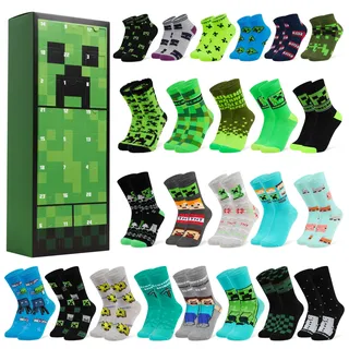 Minecraft Adventskalender 2025 Kinder Teenager Weihnachts Countdown Kalender Socken mit 24 Coole Socken Creeper Geschenke für Kinder