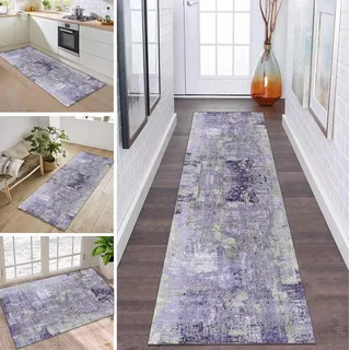 ZDYHMrj Läufer Teppich Lang Flur rutschfest Waschbar Küche Korridor Teppichläufer Lila Grau 60X250CM Lange Teppichmatten Küchenläufer Wohnzimmer Kinderzimmer Anpassbare Küchenteppich Meterware